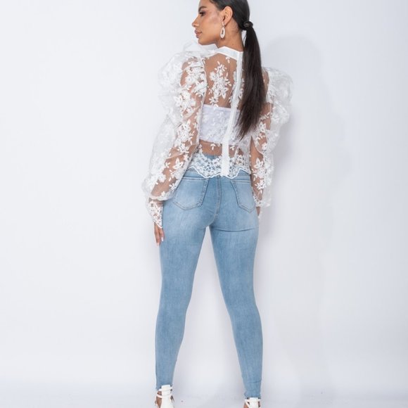 White Lace Long Puff Sleeve Pussy Bow Tie Blouse - Picture 7 of 9